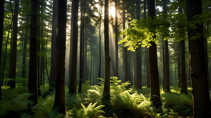 Sunlight filtering through tall forest trees, fresh green tones, natural vertical image