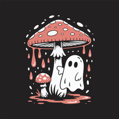 Spooky Cartoon Illustration Featuring a Large Red Mushroom with White Spots Dripping Red Liquid a Small Red