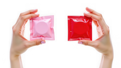 Two hands holding pink and red condom packages, isolated on transparent background