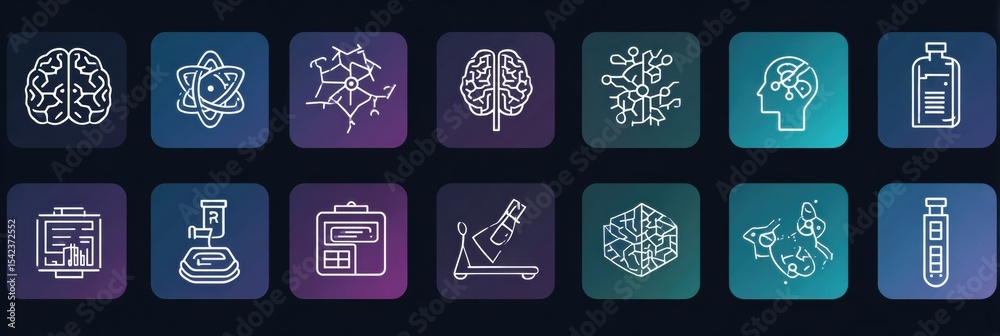 Aufkleber grid of modern minimal outline icons related to nerve science and research used for educational purp