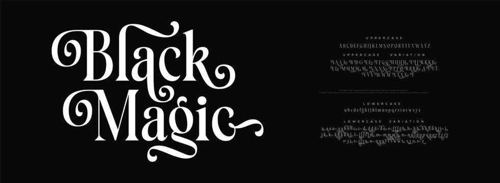 Elegant Font Uppercase Lowercase And Number. Minimal modern urban fonts for logo, brand etc. Typography typeface uppercase lowercase and number. vector illustration | Black Magic Variation 