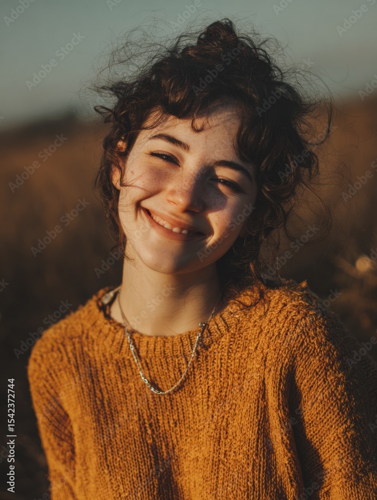 Poster golden light illuminates a gentle smile in the middle of an empty field during sunset