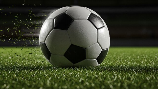 Soccer ball sits still on moist grass under stadium floodlights