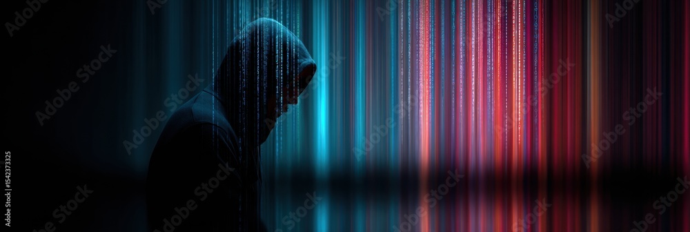 Poster Hacker Silhouette With Data Flowing From Screen Under Abstract Glow at Night
