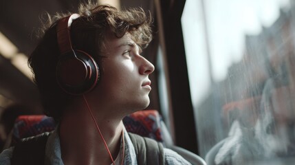A young person with headphones stares out a window during a bus ride, lost in thought and enjoying the sights and sounds of the journey.