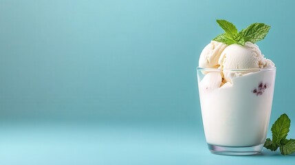 A refreshing glass of vanilla ice cream topped with mint leaves, presented against a cool turquoise background, inviting viewers to indulge in a sweet treat.