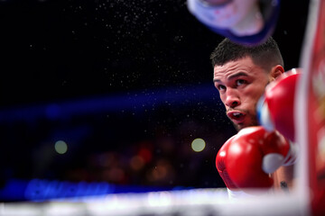 A boxer displays fierce concentration while preparing for a bout in the ring, surrounded by cheering fans and bright arena lights at a major event. Generative AI.