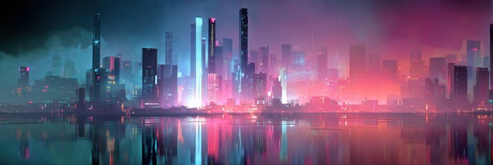 Fototapeta premium Futuristic Virtual Gambling City With Neon Hues and Minimal Right Third Composition