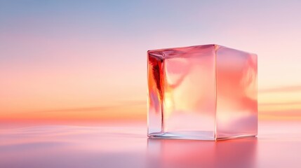 A minimalist, transparent cube stands alone against a beautifully blended pastel sunset sky, emphasizing the beauty of simplicity and modern design.
