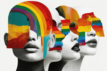 Diverse abstract portrait of people in paper collage style with pride flag colors