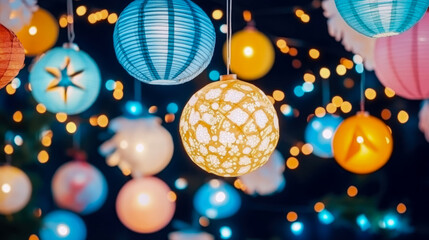Festive celebration with colorful paper lanterns and bokeh lights