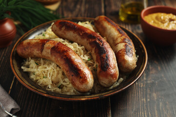 A bowl with Bratwurst and Sauerkraut as side dish - traditional German food