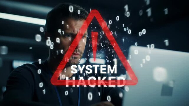 A programmer in a dark office looks at a laptop screen with a red warning triangle on it. The screen displays the message "System hacked". Concept of cybersecurity breach, network vulnerability, tense