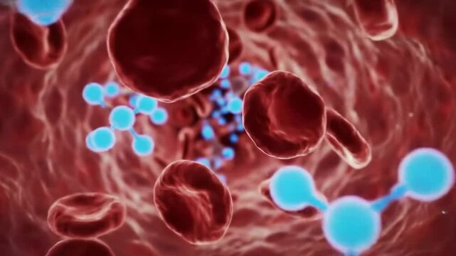 Microscopic view inside a blood vessel, red blood cells move slowly. Glowing blue drug molecules enter the bloodstream and interact with the blood cells.