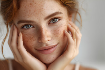 Beauty, portrait and natural face of  woman with healthy freckle skin texture touch. Aesthetic, facial and skincare cosmetic model girl touching cheeks for self love and wellness