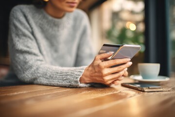 Engaging in digital banking and online shopping with a smartphone while enjoying a coffee in a cozy cafe setting
