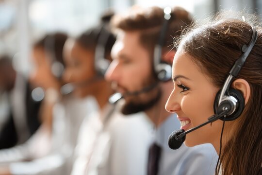 Customer service representatives engaged in support calls at a communication center during business hours