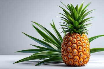 Vibrant pineapple showcases nature's beauty with lush green leaves on a minimalistic backdrop