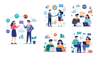 Illustration of business data transfer ideas. Flat style design set