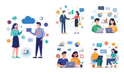 Illustration of business data transfer ideas. Flat style design set