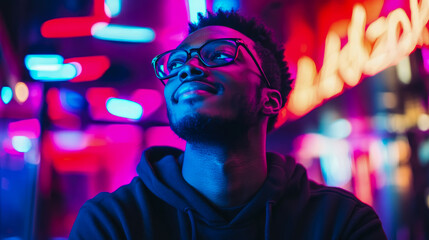 Fototapeta premium Portrait of a young adult man looking up, surrounded by vibrant neon illumination