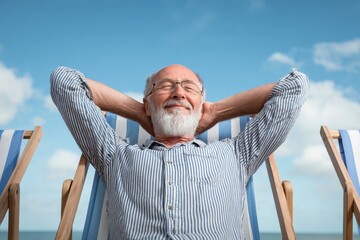 Mature man relaxing in beach chair with hands behind head enjoys sunny weather and peaceful surroundings by the ocean under a clear blue sky