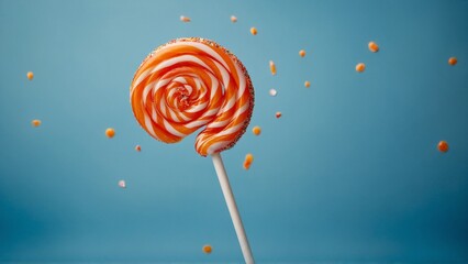 Floating Orange and White Swirled Lollipop with Glitter and Sprinkles on Blue Background


