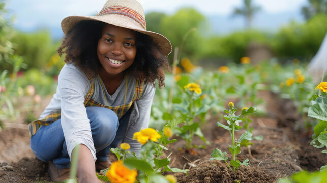 An African American woman tends her sunny summer garden outdoors, caring for plants in a community backyard with organic soil and sustainable agriculture...
