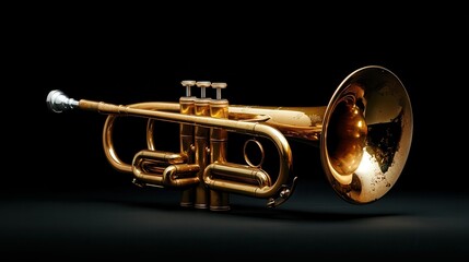 Fototapeta premium This gleaming trumpet stands out against a dark backdrop, representing musical creativity, artistry, and passion, perfect for musicians and enthusiasts alike.