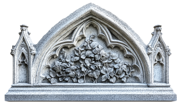 Ornate tombstone with detailed carvings and floral elements gothic memorial isolated on transparent background.