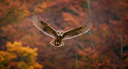 Fototapeta premium A tawny owl in flight against a backdrop of vibrant autumn leaves