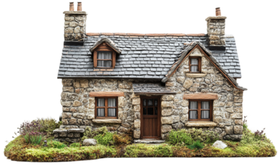 Stone cottage house miniature rustic countryside architecture isolated on transparent background.