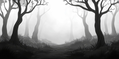 A monochromatic exploration of a foggy forest trail, shrouded in mystery, creating an atmosphere of suspense