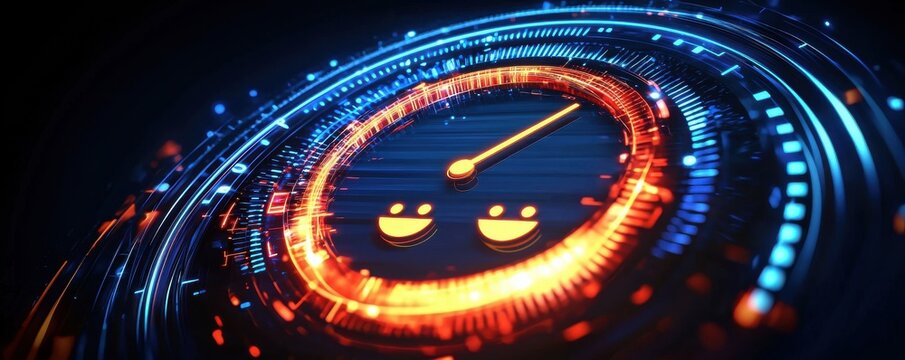 Speedometer in abstract futuristic environment with vibrant neon glow effects