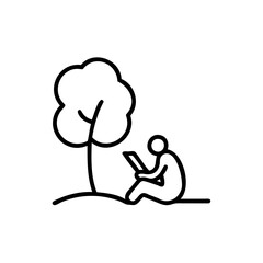 Simple Line Drawing Person Sitting Under Tree Using Tablet Device Outdoors Nature Scene