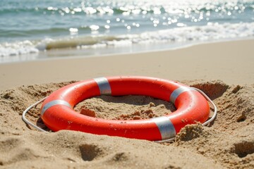 Close-up Photo of Vibrant Red Lifebuoy on Beach, with Sparkling Sea Background