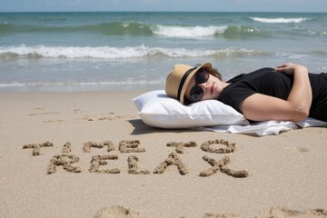 Relaxing on the Beach: Person in Sunglasses and Sun Hat with Time to Relax Message in Sand
