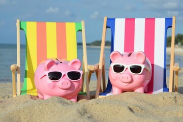 Piggybanks with Sunglasses Enjoying a Day at the Beach