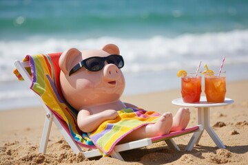 Piggy Bank Chilling on Beach Chair with Ocean View