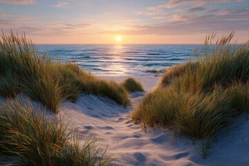 Sunset serenity a path through coastal sand dunes to the ocean