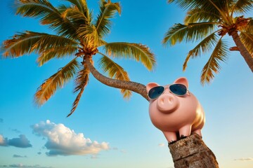 Piggy Bank on a Crooked Palm Tree Trunk with Sunglasses under Blue Sky