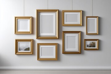 Gallery wall mockup with gold frames and empty spaces