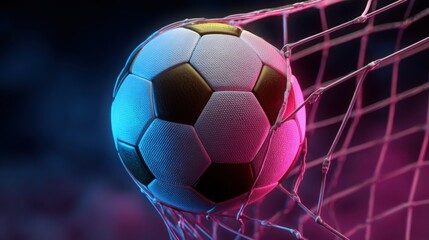 Neon lit soccer ball entering goal net