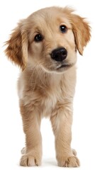 Obraz premium A fluffy, adorable puppy with inquisitive eyes stares directly at the camera, its golden fur radiating warmth. Its head is slightly tilted.