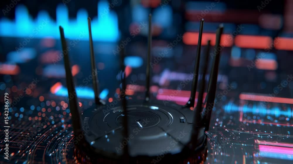 Poster futuristic router with multiple antennas is transmitting data in a digital environment, ensuring hig