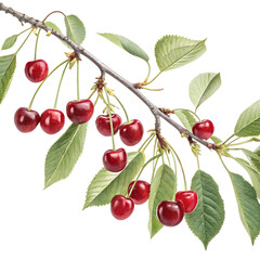 A branch of ripe red cherries with green leaves against a black background. The cherries are glossy and plump, showcasing their vibrant color and freshness.