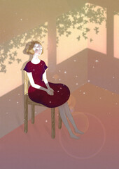 Woman in Room Bathed in Sunlight, Lost in Thought