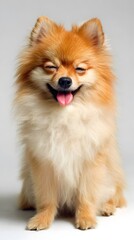 Obraz premium A cute, fluffy, orange Pomeranian dog with its eyes closed, a happy smile and a pink tongue sticking out sits against a plain white background.
