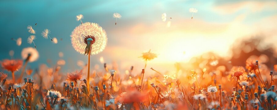 Dandelion Seeds Blowing in a Dreamy Sunset Landscape