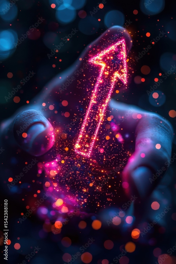Poster hand touching digital graph with colorful glowing data lines and dots